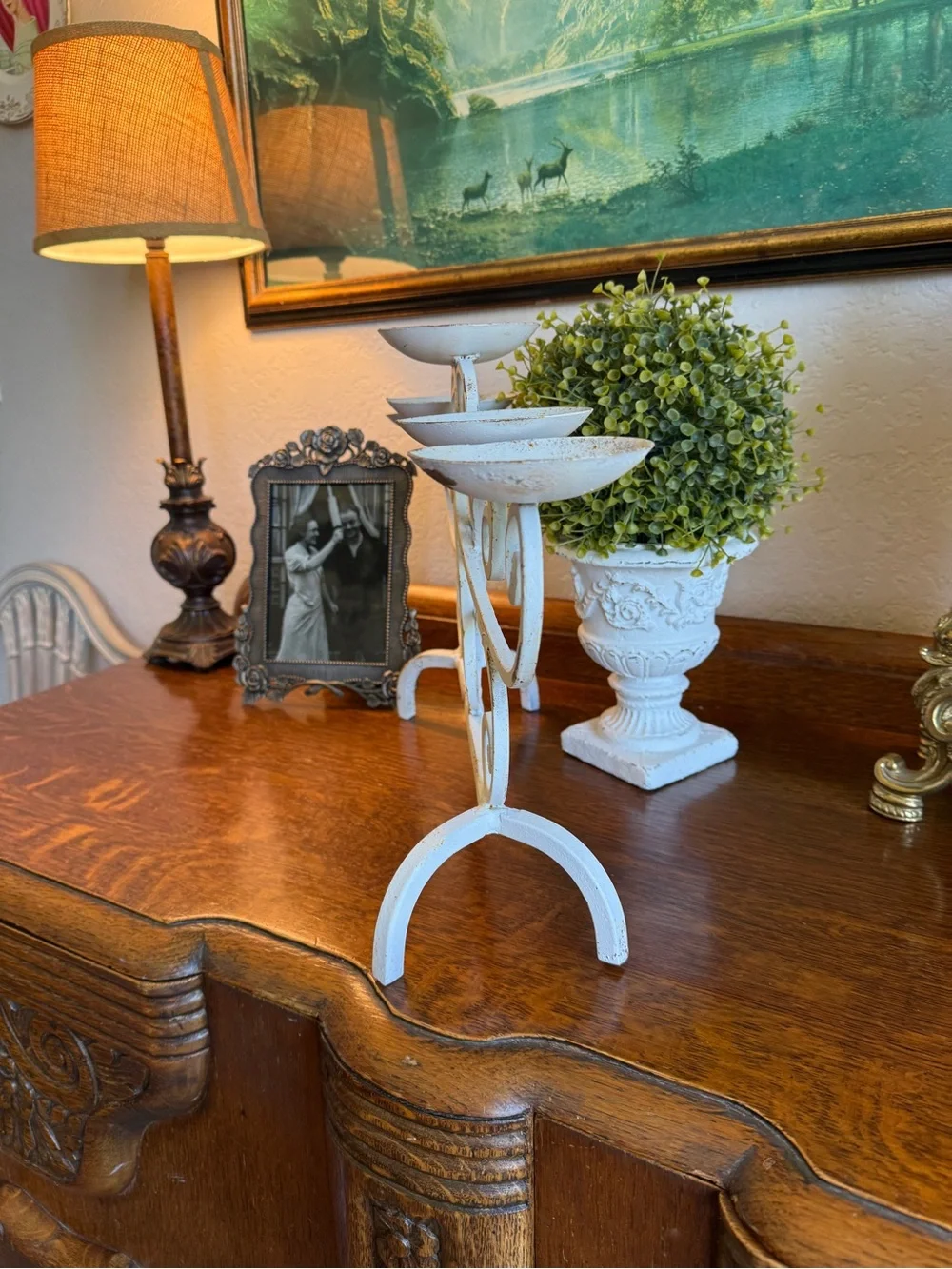 Vintage Cast Iron White Farmhouse 5-Arm Candle Holder with Genuine Patina